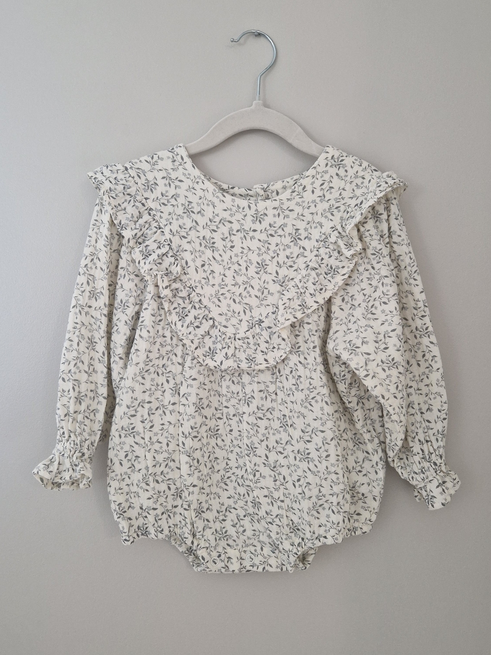 Rylee + Cru Cream Floral Ruffle Romper with Gray Leaf Print